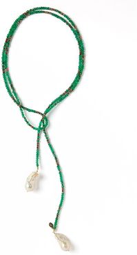 Green Onyx and Pyrite Ombre Gemstone Pearl Lariat Necklace in Green/Silver