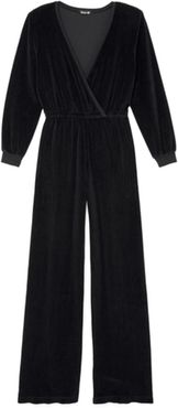 V-Neck Velour Jumpsuit in Black size Large