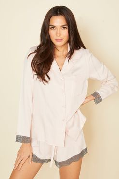 Brielle Long Sleeve Top & Boxer Pajama Set | Small Pink Woven Set