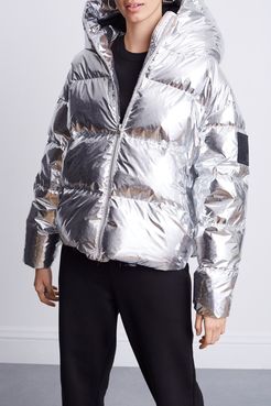 100% Polyester New Cloud Coat in Silver Metallic Bandier