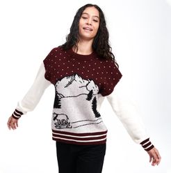 Cashmere Sledding Goat Crewneck Sweater in Merlot Combo