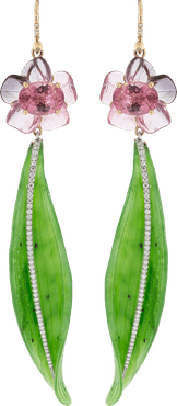 Carved Tourmaline Flower and Nephrite Leaf Earrings