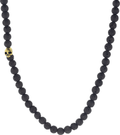 Lava Bead and Brass Skull Necklace