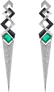 V Emerald Diamond and Black Enamel Earrings