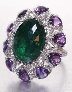 Emerald, Amethyst and Diamond Ring