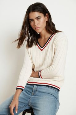 Davina Cotton Cashmere Stripe Trim Sweater (L), Velvet by Graham & Spencer