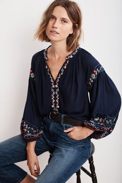 Carina Floral Embroidered Challis Puff Sleeve Top (M), Velvet by Graham & Spencer