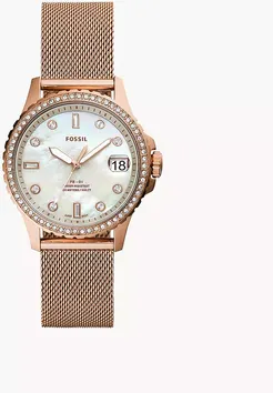 Fb-01 Three-Hand Date Rose Gold-Tone Stainless Steel Mesh Watch