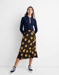 Side-Button Ruffle-Hem Midi Skirt in Fall Flowers