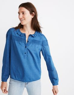 Indigo Ruffle-Collar Pintuck Popover Top