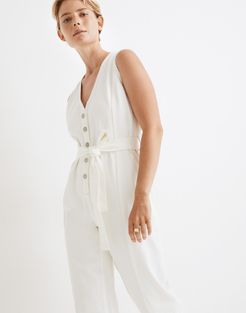 Denim Sleeveless Tie-Waist Jumpsuit in Tile White