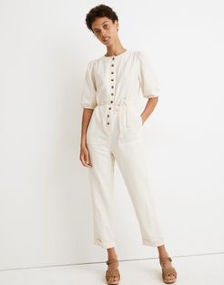 Linen-Blend Puff-Sleeve Tassel-Tie Jumpsuit