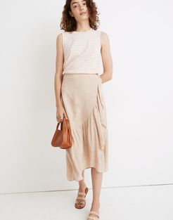 Linen Ruffle-Wrap Midi Skirt