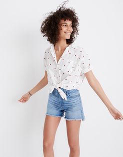 Embroidered Short-Sleeve Tie-Front Shirt in Fresh Strawberries
