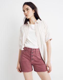 High-Rise Denim Shorts: Garment-Dyed Button-Front Edition