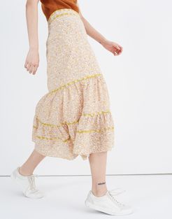 Print-Mix Tiered Midi Skirt in Blossoming Vines