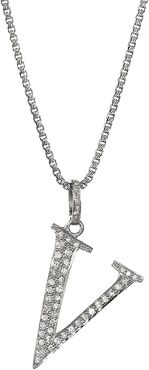 Silvertone & Natural Champagne Diamond Initial Pendant Necklace - Initial V