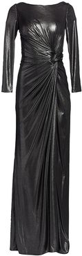 Ruched Side Slit Patent Glitter Long-Sleeve Gown - Pewter - Size 10