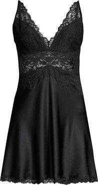 Sleek Lace Detail Silk Chemise - Black - Size XL