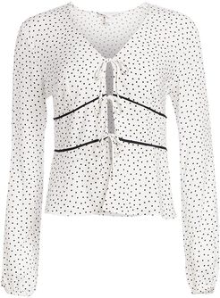 Tie Front Polka Dot Blouse - White Navy - Size Medium