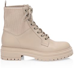 Martis Rib-Knit Leather Combat Boots - Mousse - Size 10.5