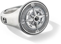 Maritime Sterling Silver & Black Diamond Compass Signet Ring - Size 11
