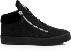 Mid-Top Croc-Embossed Leather Sneakers - Black - Size 10