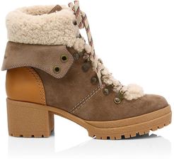 Eileen Lamb Fur-Lined Suede Hiking Boots - Taupe - Size 5