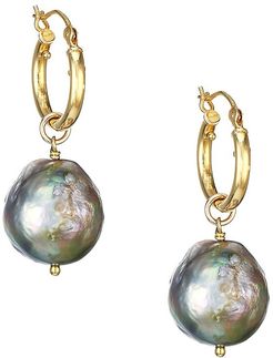 18K Goldplated & 13MM-15MM Baroque Dark Champagne Pearl Drop Earrings - Grey Pearl