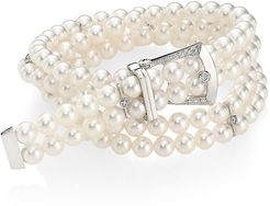 18K White Gold, 5.5MM White Cultured Akoya Pearl & Diamond Convertible Wrap Choker/Bracelet - Pearl