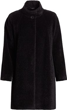 Stand-Collar Wool & Alpaca A-Line Walking Coat - Black - Size 16