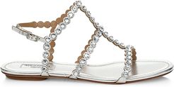 Tequila Crystal-Embellished Metallic Leather Flat Sandals - Silver - Size 6