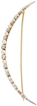 18K Yellow Gold, Antique Diamond & 1-2MM Pearl Crescent Moon Brooch