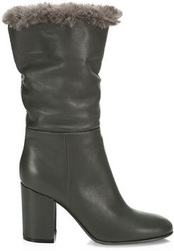 Faux Fur-Trimmed Leather Boots - Lapis - Size 12