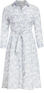 Belted Paisley Linen Shirtdress - Blue Toile - Size 22