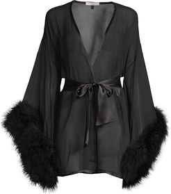 Marabou-Trim Silk Kimono - Black