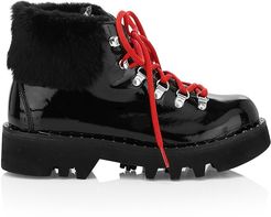 1965 Women's Anabel Rabbit Fur-Trim Lamb Fur-Lined Patent Leather Hiking Boots - Black - Size 11