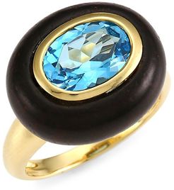 Voyager 18K Yellow Gold, Wood & Blue Topaz East-West Ring - Yellow Gold - Size 7