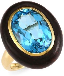 Voyager 18K Yellow Gold, Wood & Blue Topaz North-South Ring - Yellow Gold - Size 7