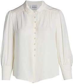 Lamar Pearl Button Silk Blouse - Ivory - Size 22