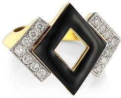 Motif 18K Yellow Gold, Black Enamel & Double Diamond Ring - Yellow Gold - Size 6