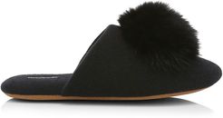 Fox Fur Pom-Pom Cashmere Slippers - Black - Size 5