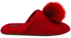 Fox Fur Pom-Pom Cashmere Slippers - Red - Size 7