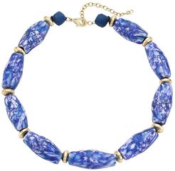 Marbled Glass & Raffia Statement Choker Necklace - Blue Multi