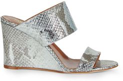 Lamé Python-Embossed Leather Wedge Mules - Silver - Size 5
