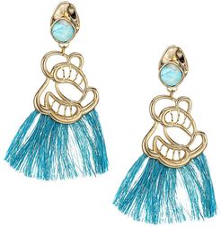 Turquoise-Color Stone & Sisal Tassel Clip-On Earrings - Blue