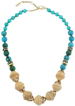 Turquoise-Color Stone & Raffia Floral-Accented Necklace - Blue