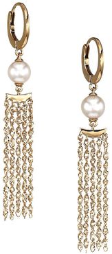 14K Yellow Gold & 6MM Pearl Moon Fringe Huggie Hoop Earrings - Gold