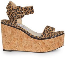 Abigail Leopard-Print Leather Cork Wedge Sandals - Natural - Size 10