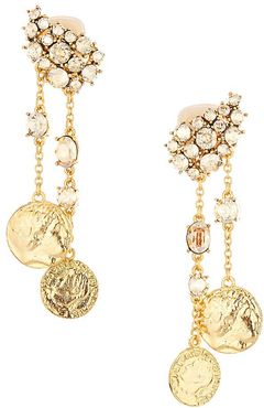 Crystal & Coin Clip-On Chain Drop Earrings - Gold